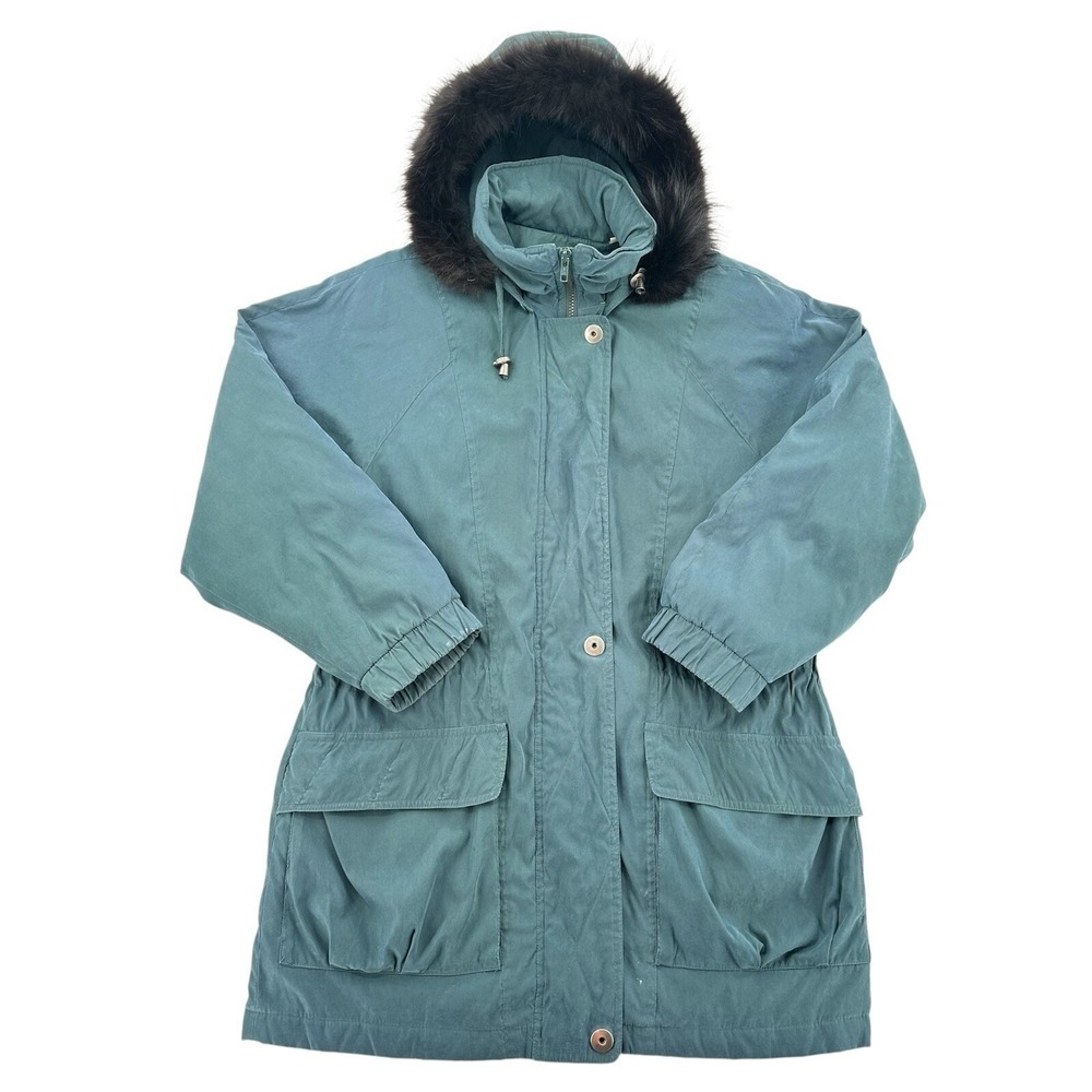 London Fog Womens Teal Blue Faux Fur Trim Hooded Parka Jacket Coat Size M Medium